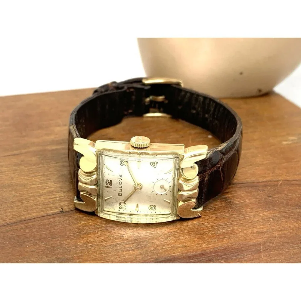 Bulova Watch Vintage 1953 8AC Mechanical Tank 10k Rolled Gold Brown Leather Band